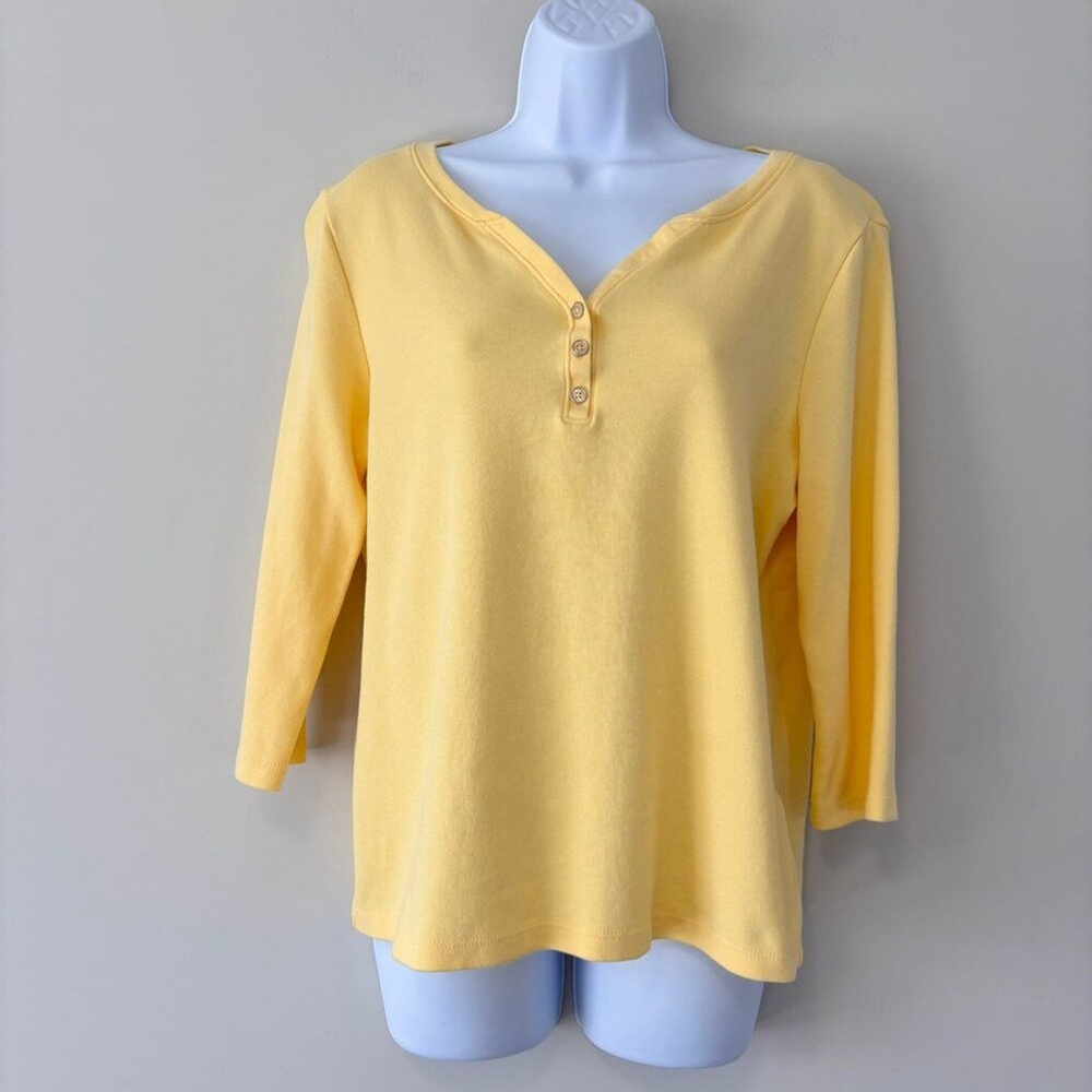 Karen Scott Women's Medium Petite 100% Cotton Yellow 3/4-Sleeve Henley Shirt NWT - Picture 4 of 6